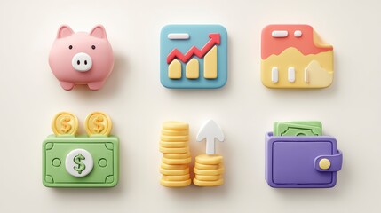 Set of 6 colorful clay-style finance icons, piggy bank, coin stack, credit card, chart arrow, wallet, dollar bill