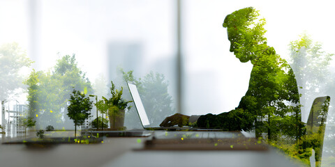 green sustainable environmental business office space workspace, employee wellness and social climate in business. esg environmental social corporate governance, abstract work place background