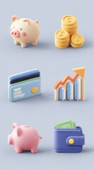 Set of 6 colorful clay-style finance icons, piggy bank, coin stack, credit card, chart arrow, wallet, dollar bill