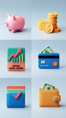 Set of 6 colorful clay-style finance icons, piggy bank, coin stack, credit card, chart arrow, wallet, dollar bill