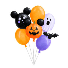 watercolor illustration of a cluster of halloween balloons of pumpkin, ghost, bat, and a generic mouse