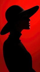 Silhouette of elegant woman wearing wide-brimmed hat, colorful background in vivid red, strong lighting