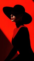 Silhouette of elegant woman wearing wide-brimmed hat, colorful background in vivid red, strong lighting