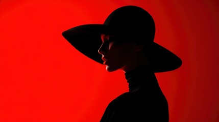 Silhouette of elegant woman wearing wide-brimmed hat, colorful background in vivid red, strong lighting