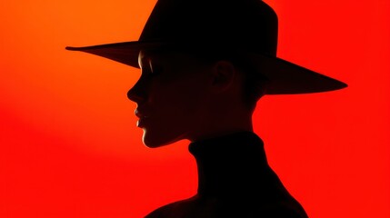 Silhouette of elegant woman wearing wide-brimmed hat, colorful background in vivid red, strong lighting