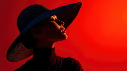 Silhouette of elegant woman wearing wide-brimmed hat, colorful background in vivid red, strong lighting
