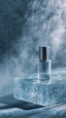 Still life of skincare product on frosted glass slab, icy mist in the air, pale blue and soft grey tones, minimal composition