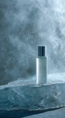Still life of skincare product on frosted glass slab, icy mist in the air, pale blue and soft grey tones, minimal composition