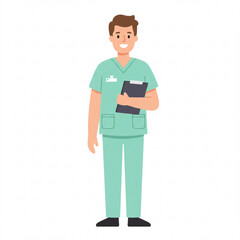 Smiling male nurse in scrubs holding a clipboard, ready to assist patients.