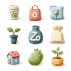 Zero waste icon set in clay: no plastic symbol, biodegradable cup, green sprout, cloth bag, eco house