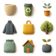 Zero waste icon set in clay: no plastic symbol, biodegradable cup, green sprout, cloth bag, eco house