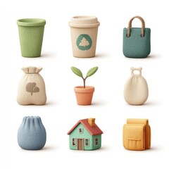 Zero waste icon set in clay: no plastic symbol, biodegradable cup, green sprout, cloth bag, eco house