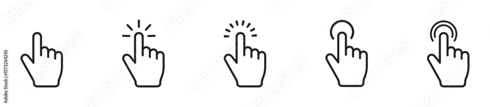 Poster touch screen finger hand press push , pointer cursor сomputer mouse icon. clicking cursor, pointing 
