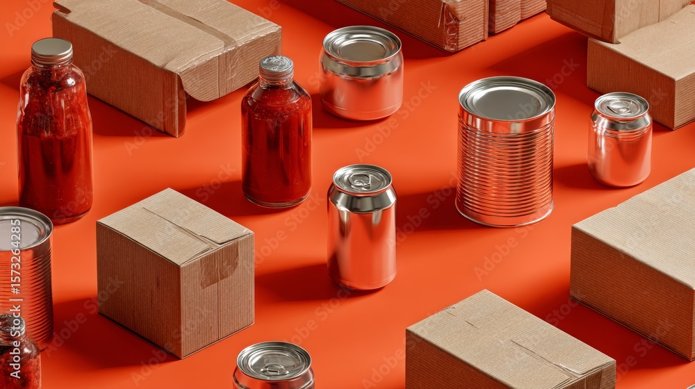 Aufkleber red orange background with packaging boxes and jars product display in minimal vibrant studio scene
