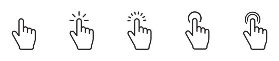 Obraz premium Touch screen finger hand press push , Pointer cursor сomputer mouse icon. Clicking cursor, pointing hand clicks icons. Click cursor. Vector Illustration.