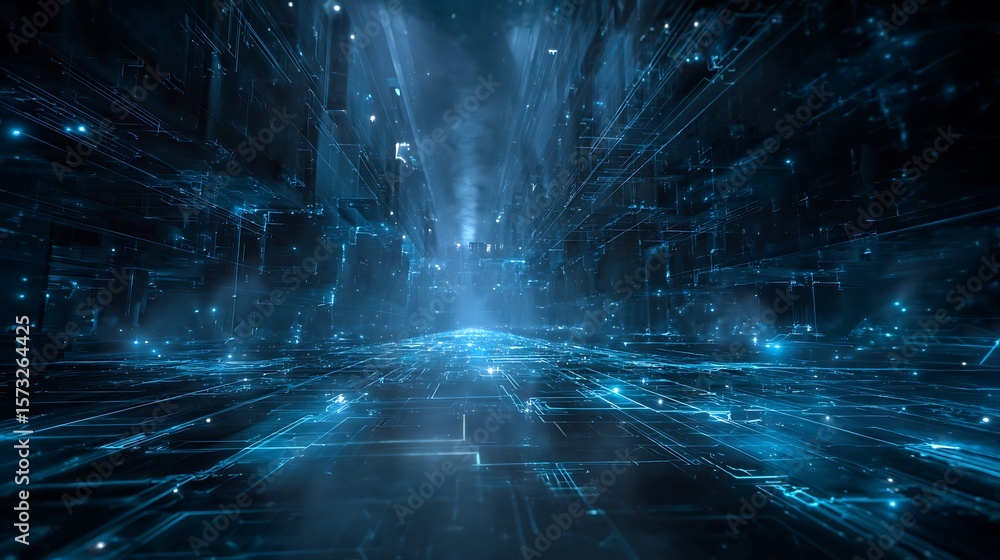 Poster immersive ai simulation chamber with light blue beams mapping out complex artificial intelligence ne