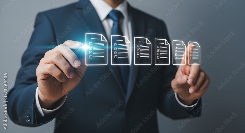 Poster a businessman in a suit interacts with digital checklists, showcasing workflow management and task c