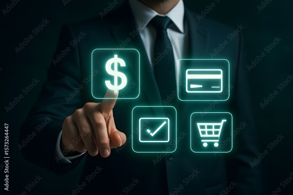 Aufkleber a businessman in a suit interacts with a glowing digital interface displaying financial icons and a 