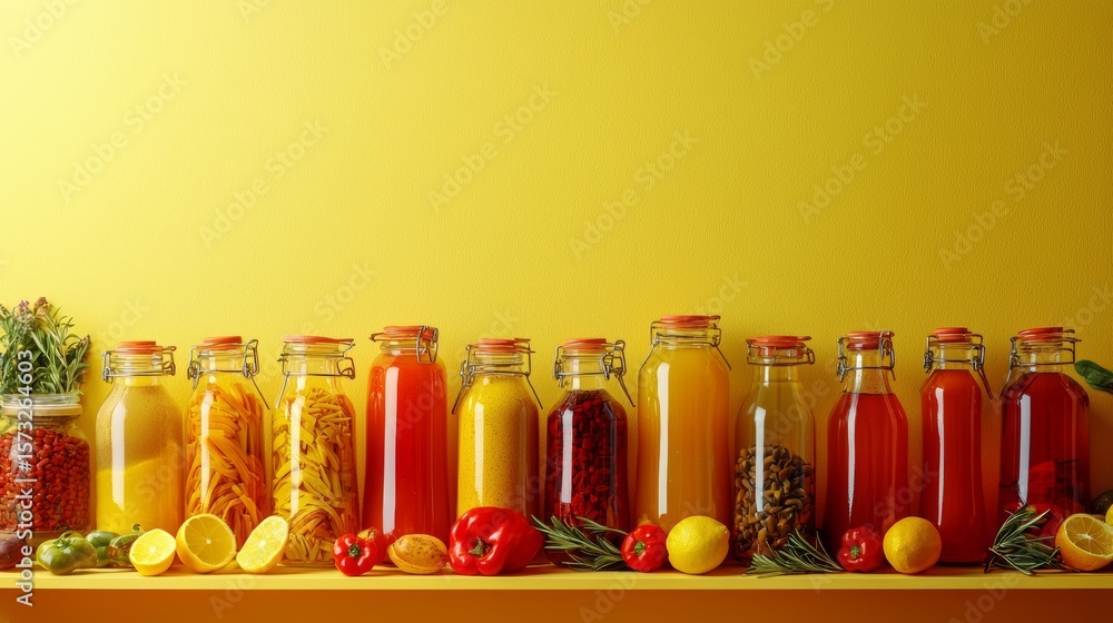 Poster assorted colorful juice bottles with fruits on yellow background in healthy beverage display concept