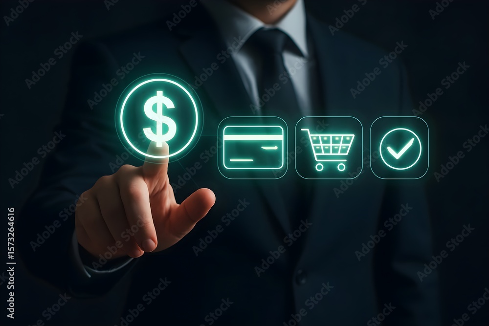Poster a businessman uses a touchscreen interface to make an online payment. the process involves selecting
