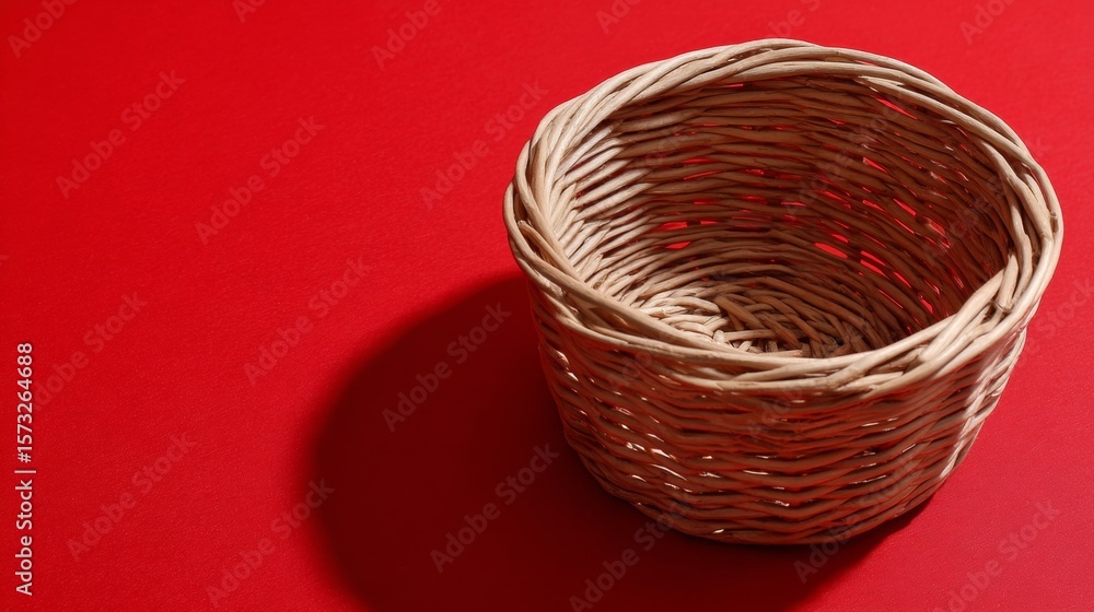 Poster empty wicker basket on red background with minimal clean food or shopping concept display style