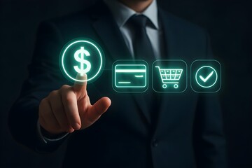 A businessman uses a touchscreen interface to make an online payment. The process involves selecting a payment method, adding items to a shopping cart, and confirming the transaction.