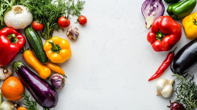 Fresh vegetables like peppers eggplants tomatoes and herbs on white background healthy food composition - Powered by Adobe