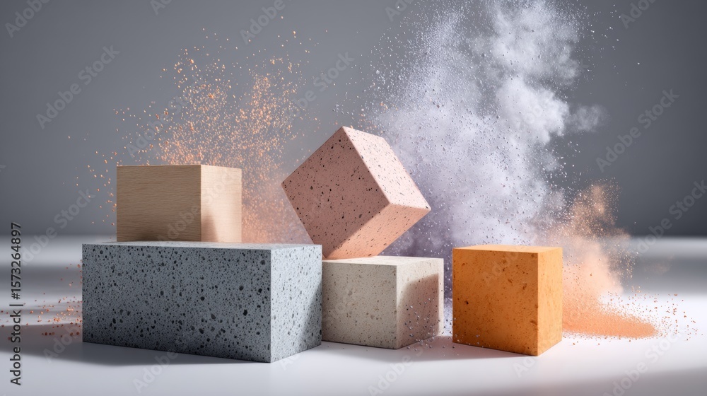 Poster powder exploding over colored geometric blocks on light surface abstract beauty product design conce