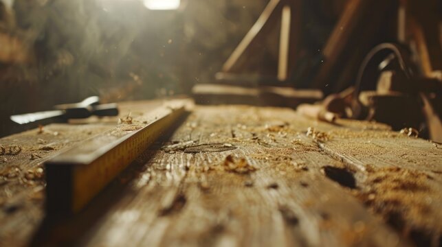 Wooden workbench with sawdust tools and measuring tape