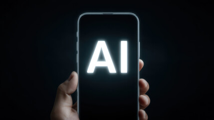 AI text glowing on smartphone screen held by hand in dark background, technology concept