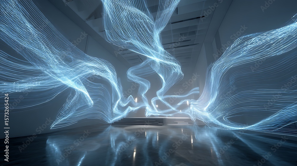 Poster immersive computer-generated data flow visualized as glowing ribbons inside a robotic research stati