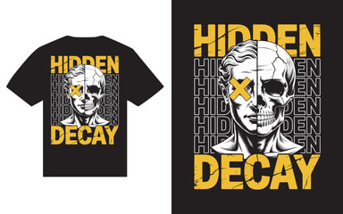 Fototapeta premium Striking t shirt design featuring a split skull and human face with yellow x eye and text t shirt design