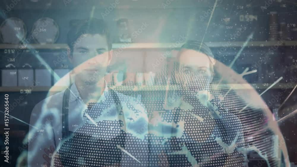 Poster two baristas at coffee bar counter observing globe hologram appearing rotating showing network data