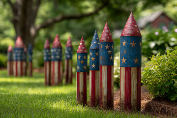 Festive Patriotically Decorated Firework Rocket Decorations in a Garden Setting American Flag Theme Red White Blue Stars Stripes Rustic