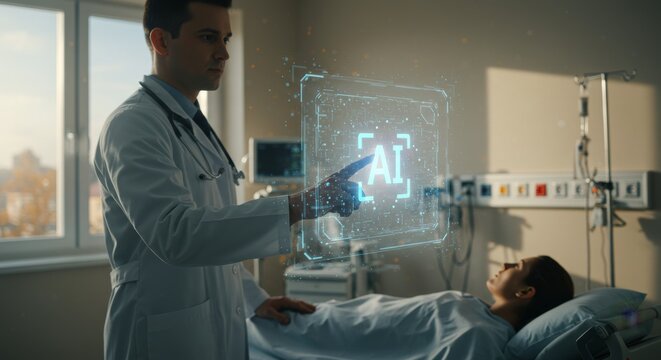 The doctor uses an AI interface to diagnose a patient in a hospital room.