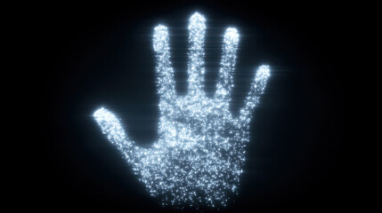 Glowing digital hand composed of sparkling particles on black background, futuristic and bright technology concept
