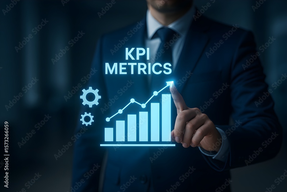 Poster a businessman interacts with a digital interface displaying a growth graph and kpi metrics, indicati
