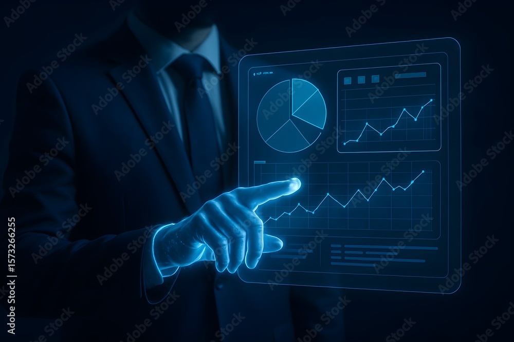Poster a businessman in a suit interacts with a futuristic holographic display showing graphs and charts. t