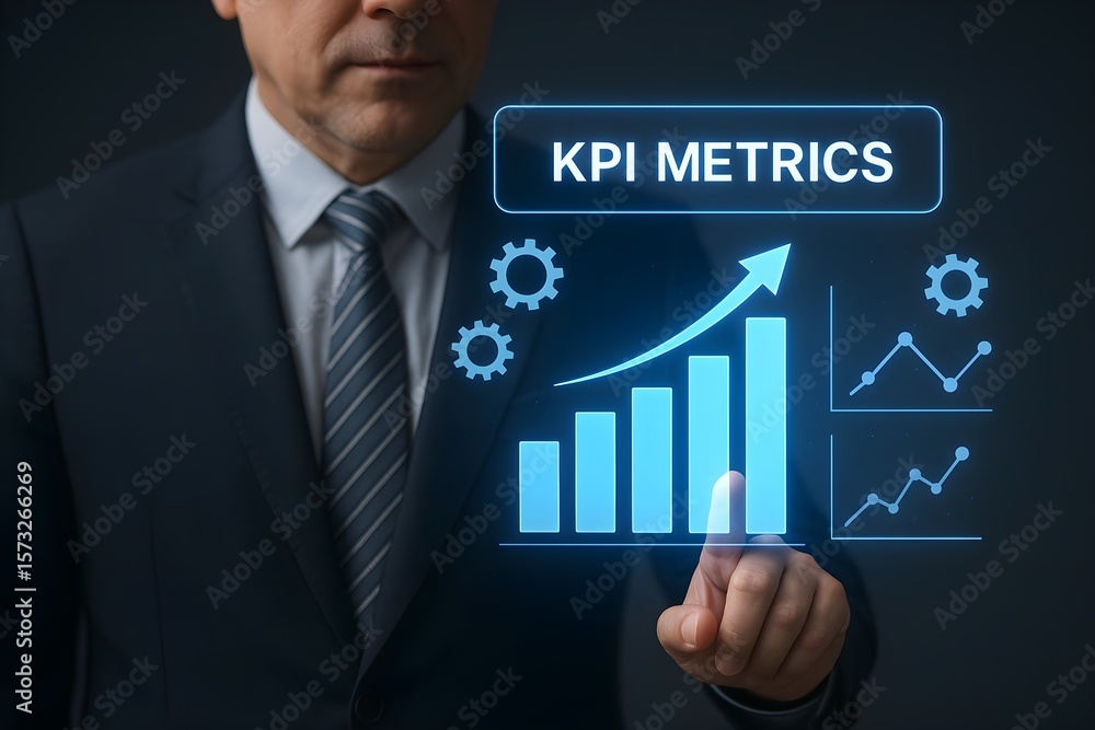 Poster a businessman in a suit interacts with a holographic display showing upward trending graphs and kpi 