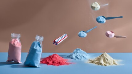Color powder spoons floating over pastel background conceptual color pigments art product photography minimal style