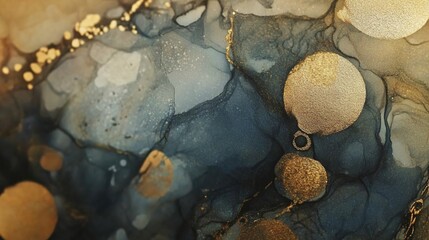 Abstract background with patterns of black, grey, and gold ink, creating a luxurious texture, ideal for designing book covers, wallpapers, or interior elements