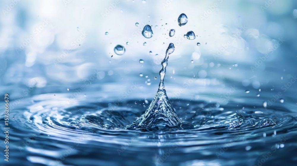 Poster water droplet impact creating splash on liquid surface clean refreshing background with motion captu