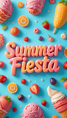 “Colorful Summer Fiesta Poster Featuring Ice Cream Cones, Fruits, and Bubbly Text on Blue Background”