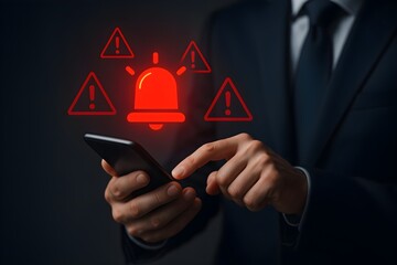 A businessman receives urgent notifications on his phone, depicted by red alert symbols and a bell icon.