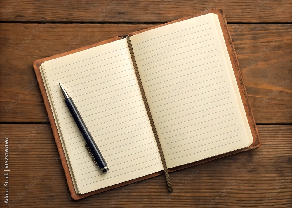 Poster an open notebook with lined pages and a pen rests on a rustic wooden table, inviting thoughts and id