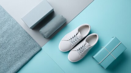 Minimal fashion layout with white sneakers and box on blue pastel background lifestyle product display