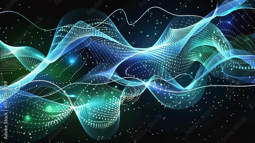 Poster vector abstract light lines, wavy and flowing dynamic in blue and green colors