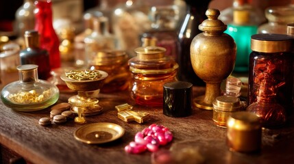 Vintage jars and spices with honey containers on antique table warm ambient lighting old apothecary