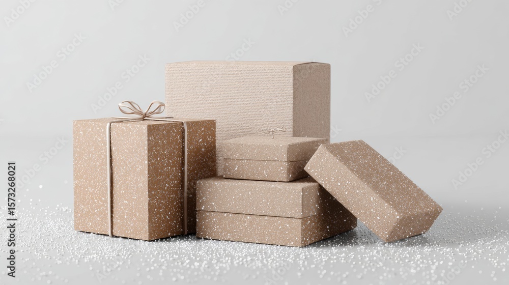 Poster assorted kraft gift boxes stacked in pyramid shape with string bows on white snowy background