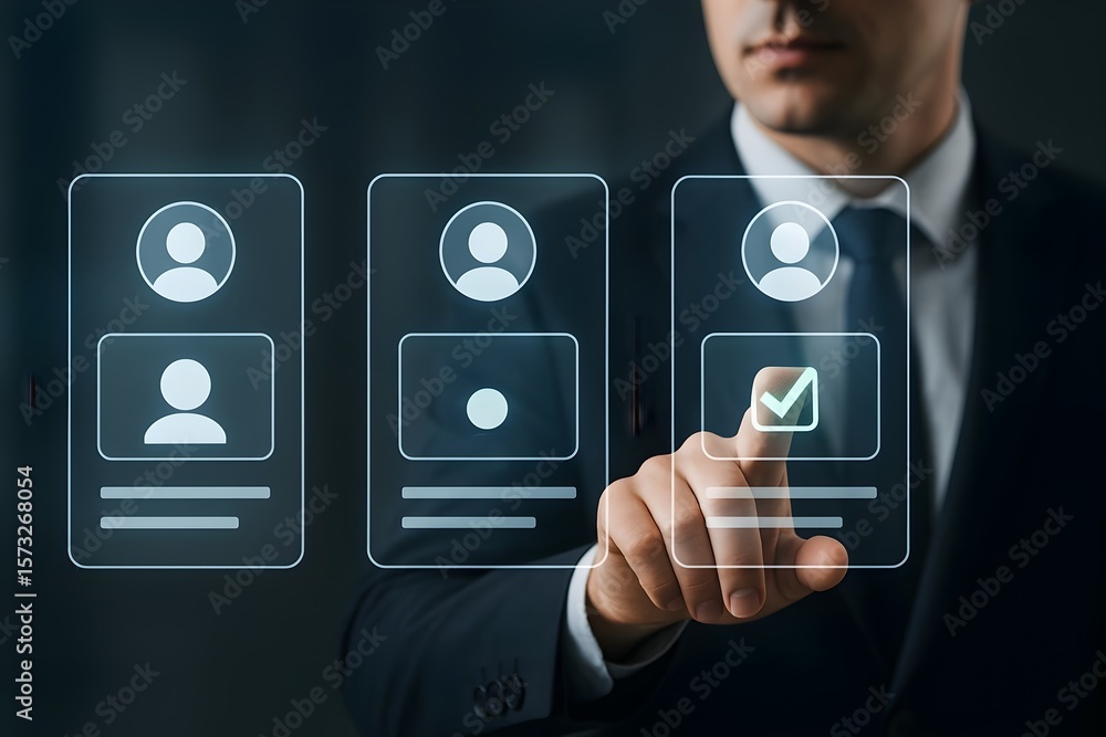 Aufkleber a businessman uses a digital interface to select a profile from a list of candidates, showcasing mod